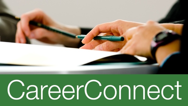 CareerConnect logo and hands working with pamphlet.